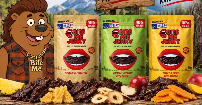 Billy Gristle with the three Bite Me Jerky flavors and matching dried fruit